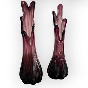 MCM vintage amethyst purple 5-finger swung glass vases set of two